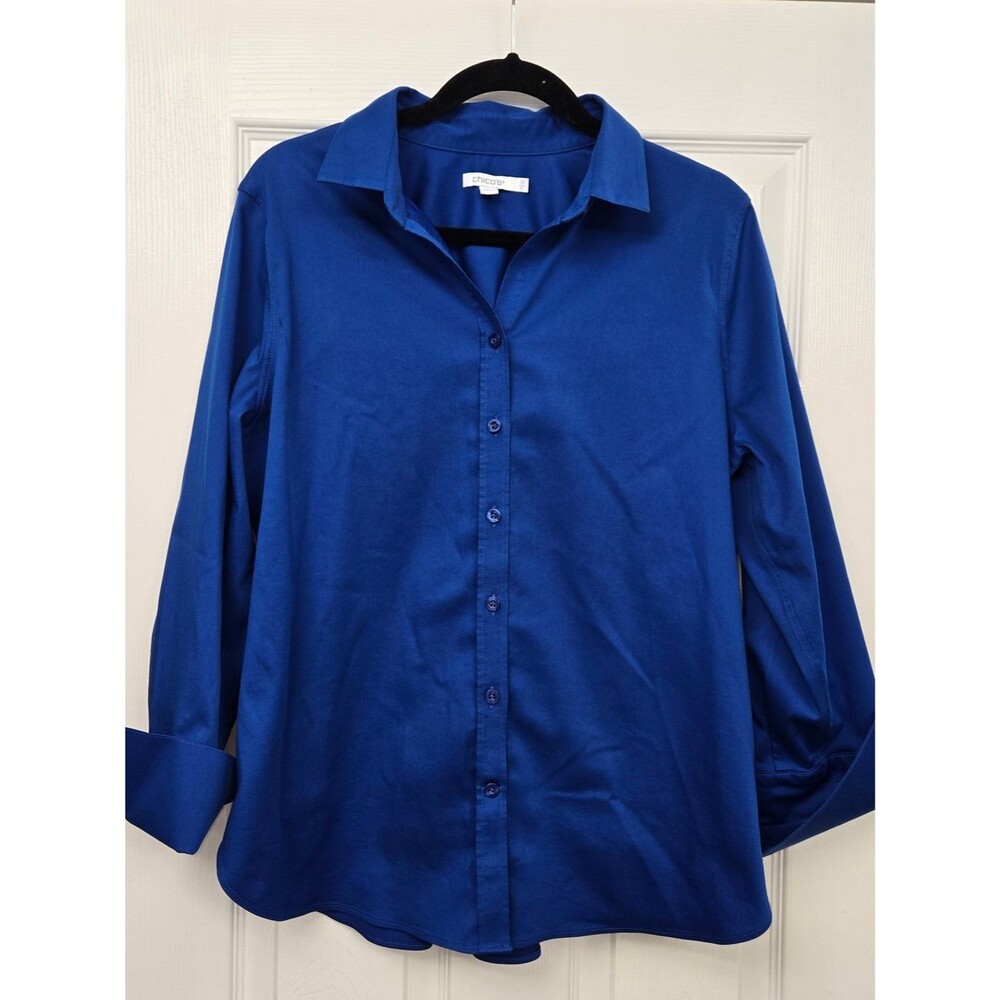 Chico's Size 1.5 US 10 Royal Blue No-Iron Stretch Button Front Shirt French Cuff
